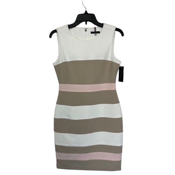 NWT TOMMY HILFIGER | Pink Beige Striped Scuba Sheath Dress 10 - Picture 2 of 11